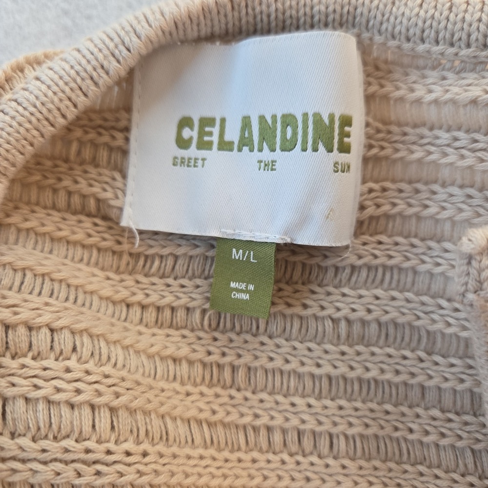 Celandine Bead Trim Knit Long Sleeve Mini Shift Dress Size M/L Beige Boho Resort - Picture 6 of 7